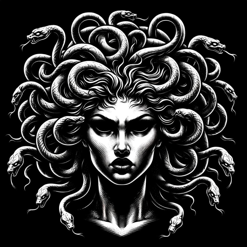 Gothic Medusa Illustration with Snake Hair in Ink Sketch Sty...