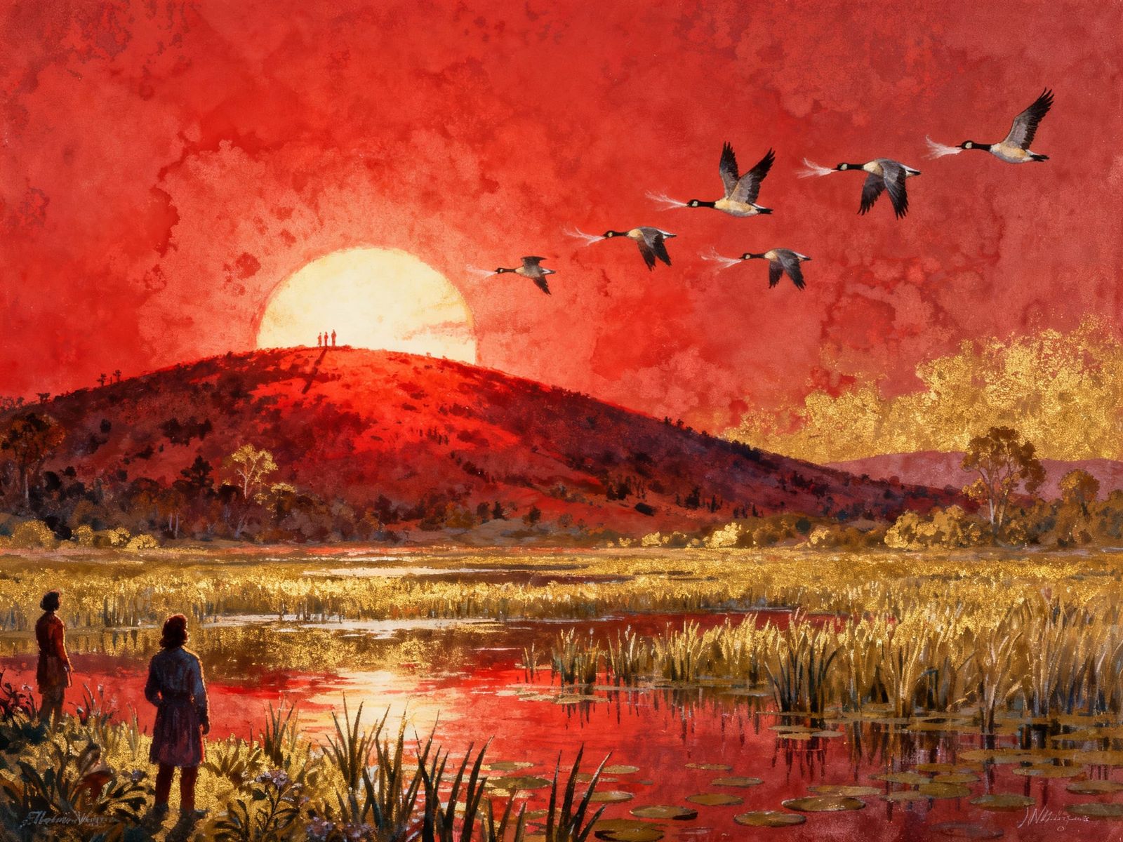Crimson Sunset Over Marsh with Wild Geese, Mystical Terrains