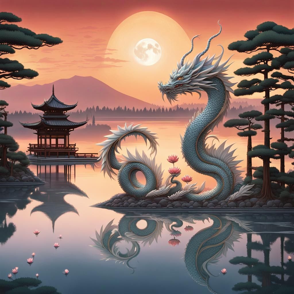 Opulent Dragon in Japanese Sunset Scene