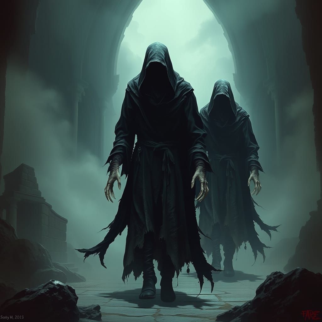 Ominous Figures in Obsidian Halls: Dark Fantasy Art