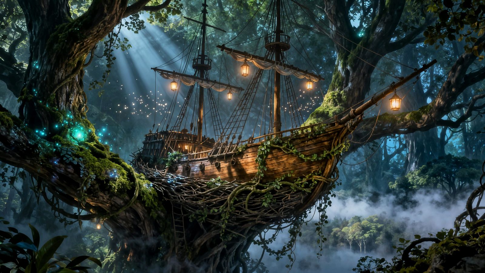 Enchanted Forest Ship Perched in Ancient Canopy