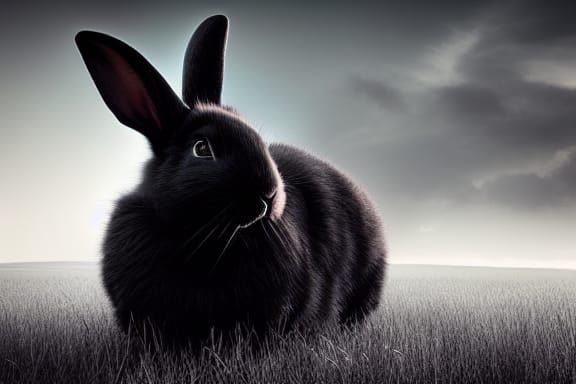 Giant Black Rabbit in Twilight Field
