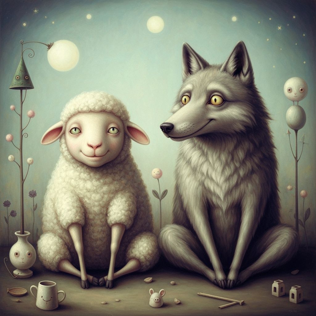 Wolf and Sheep as Friends in Dreamlike Scene