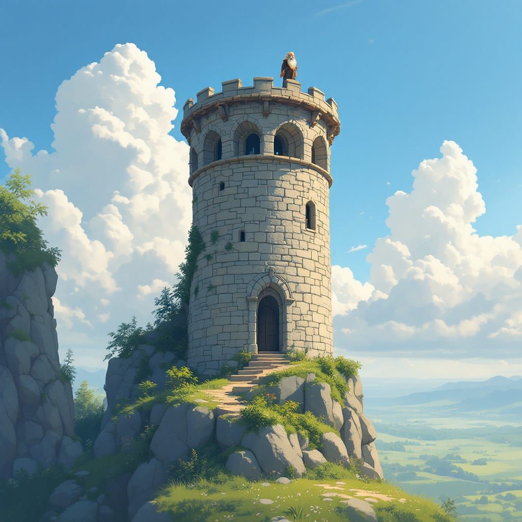 Old Man on Tower Platform in Sunny Serene Style