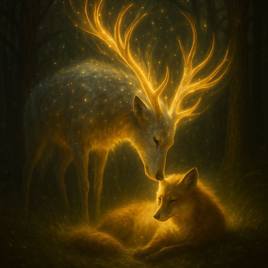 Luminous Stag Comforts Fox in Dreamlike Farewell