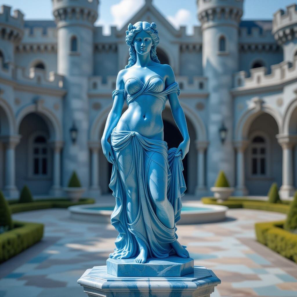 Blue Marble Nymph Statue in Fantasy Castle Courtyard