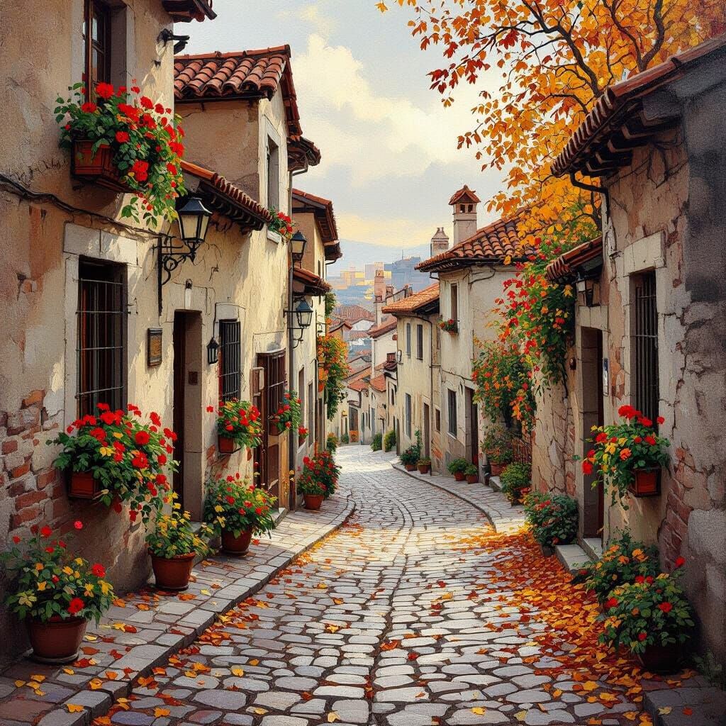 Autumn Cobblestone Street in Old European City Painting