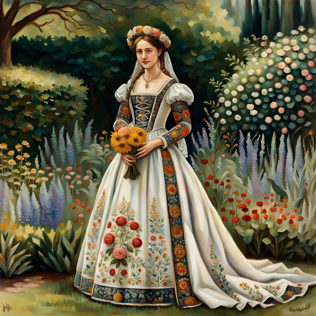 Renaissance Royalty in Garden Oil Painting