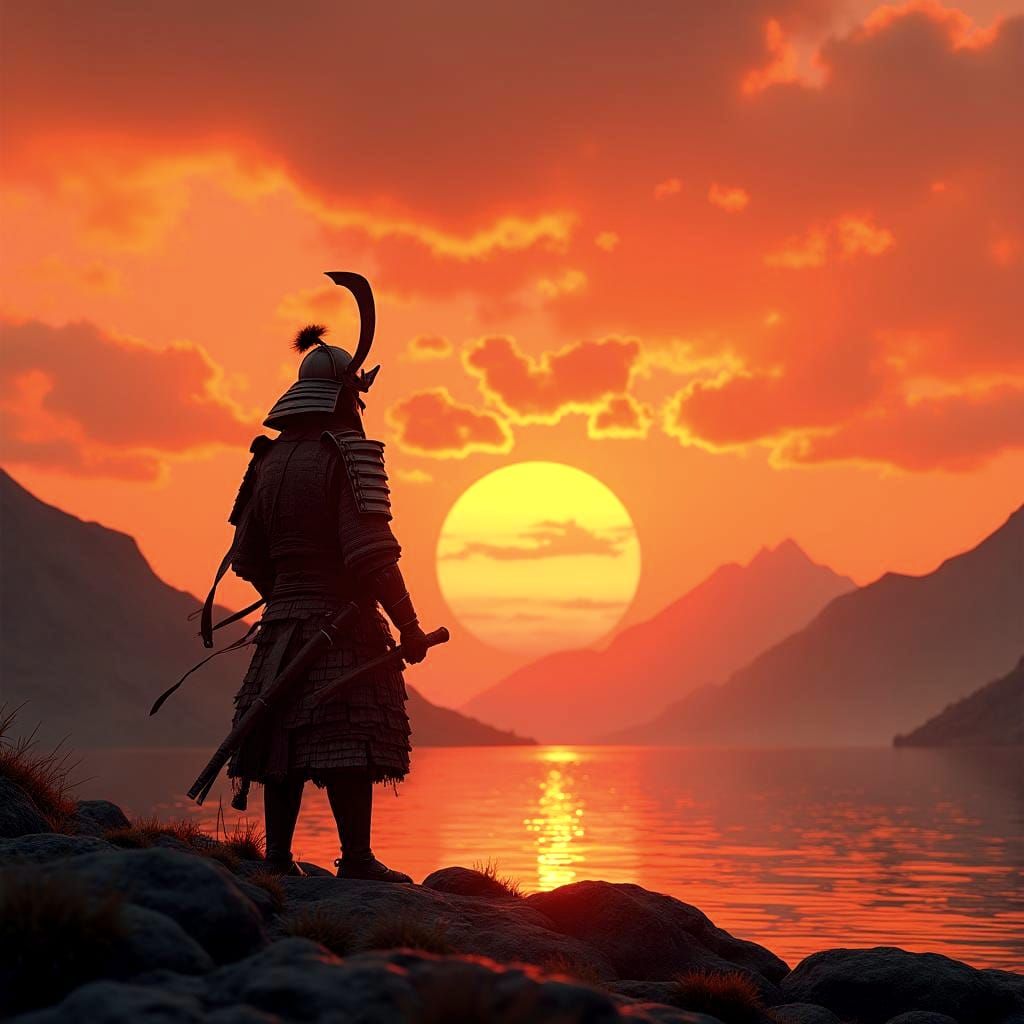 Samurai Longing at Sunset: Hyperrealistic Matte Painting