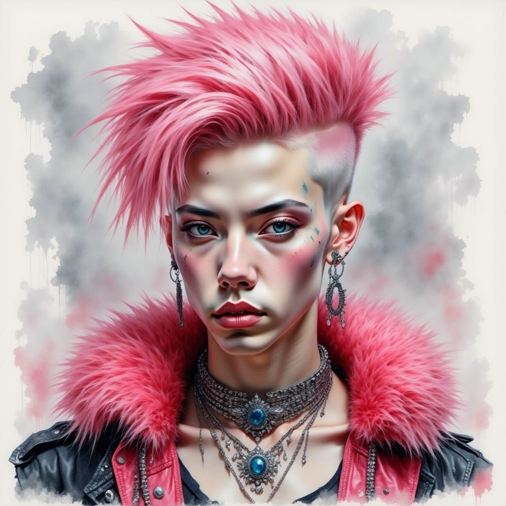 Watercolor Portrait of Pink-Haired Androgynous Man