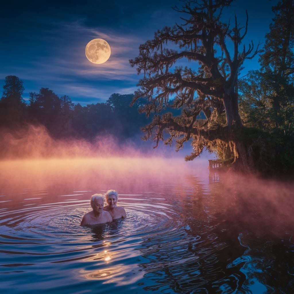 Moonlit Swim: An Impressionistic Lake Scene