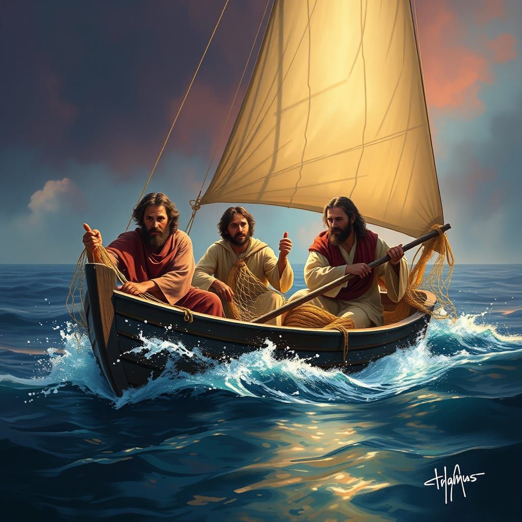 Fishing Disciples in Hyperrealistic Sailboat Scene