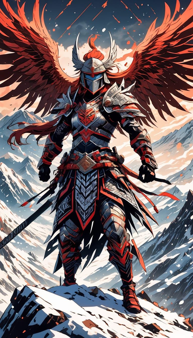 Muscular Valkyrie on Mountain Peak in Anime Style
