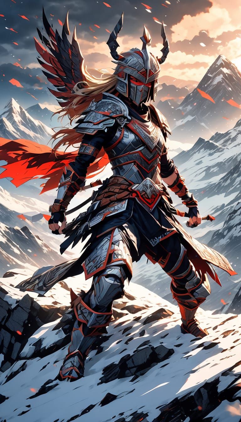 Muscular Valkyrie on Mountain Peak in Anime Style