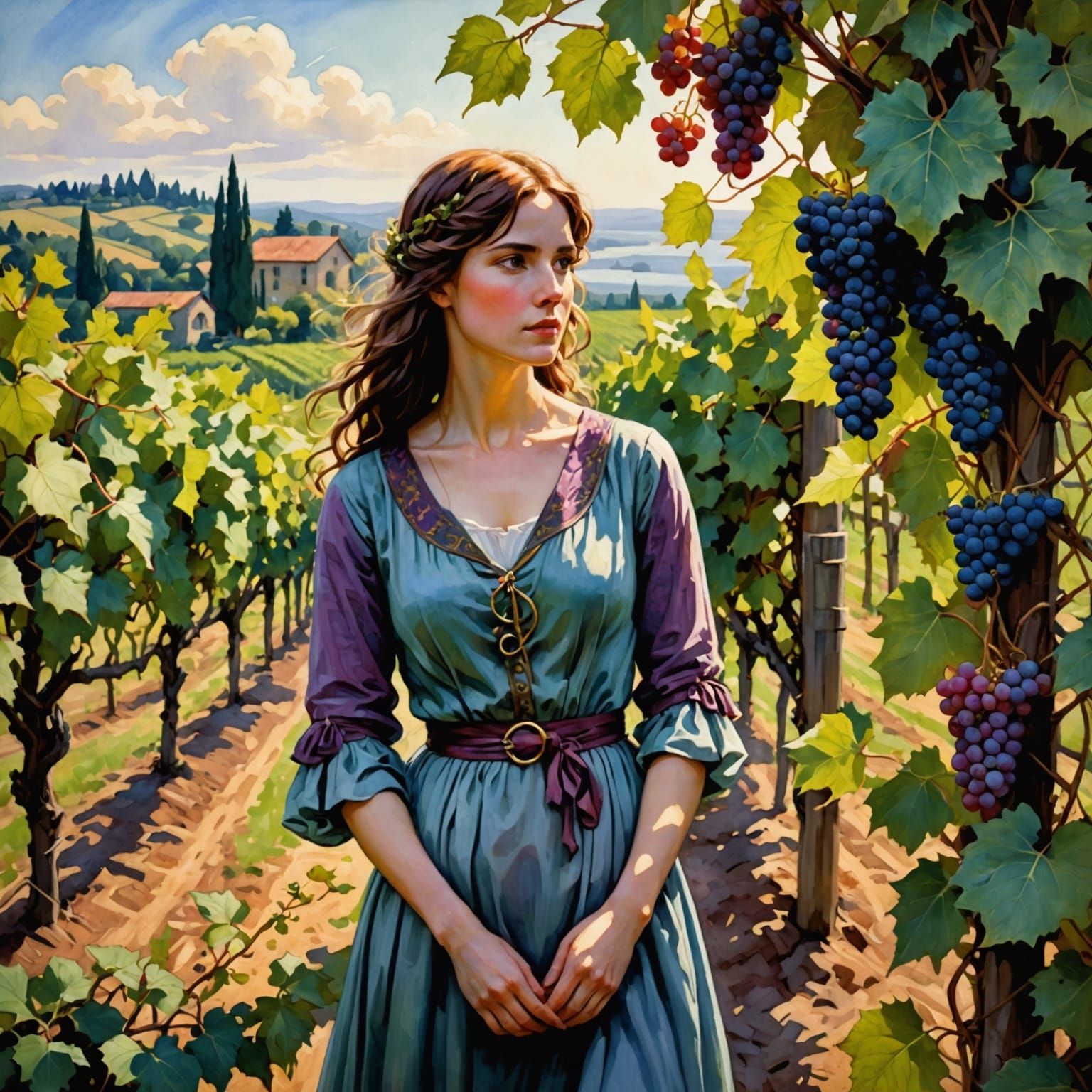 Chiaroscuro Vineyard Scene in Vibrant Watercolor