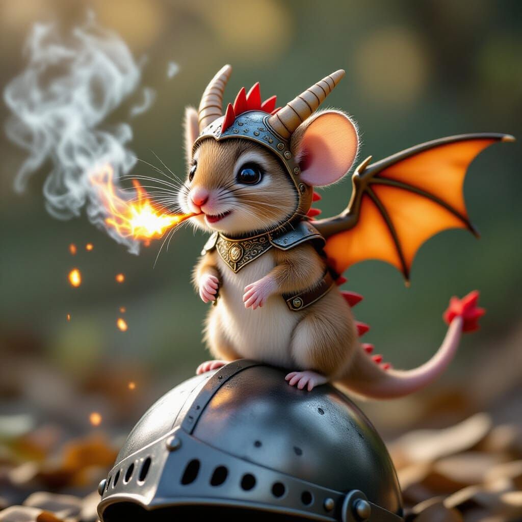 Tiny Dragon Mouse on Knight's Helmet, Whimsical Fantasy