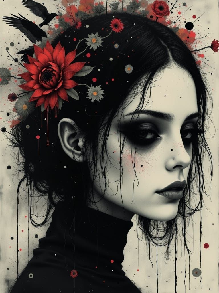 Ethereal Goth Woman in a Dreamlike, Psychedelic Landscape