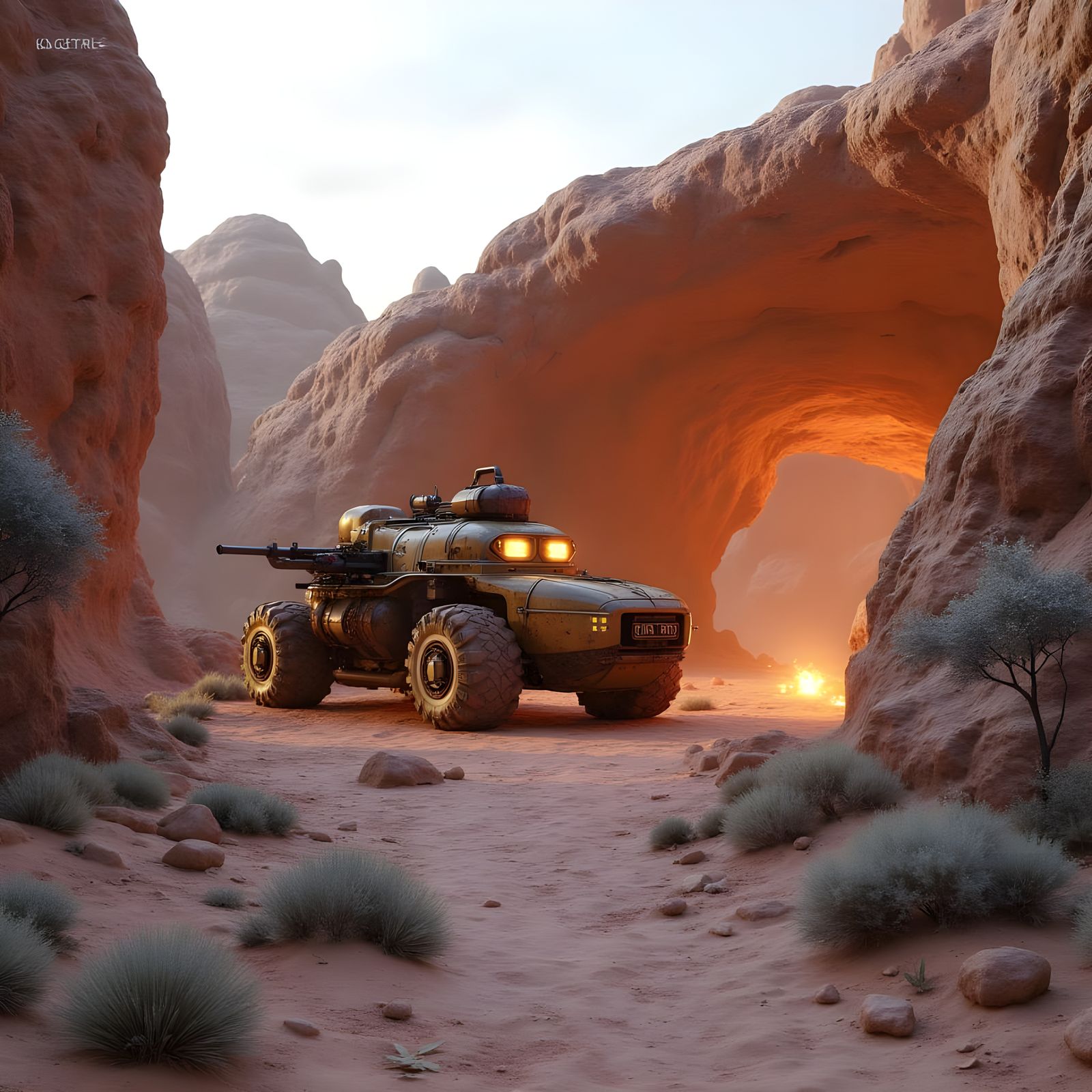 Futuristic Brutalist Vehicle in Windswept Dystopian Landscap...