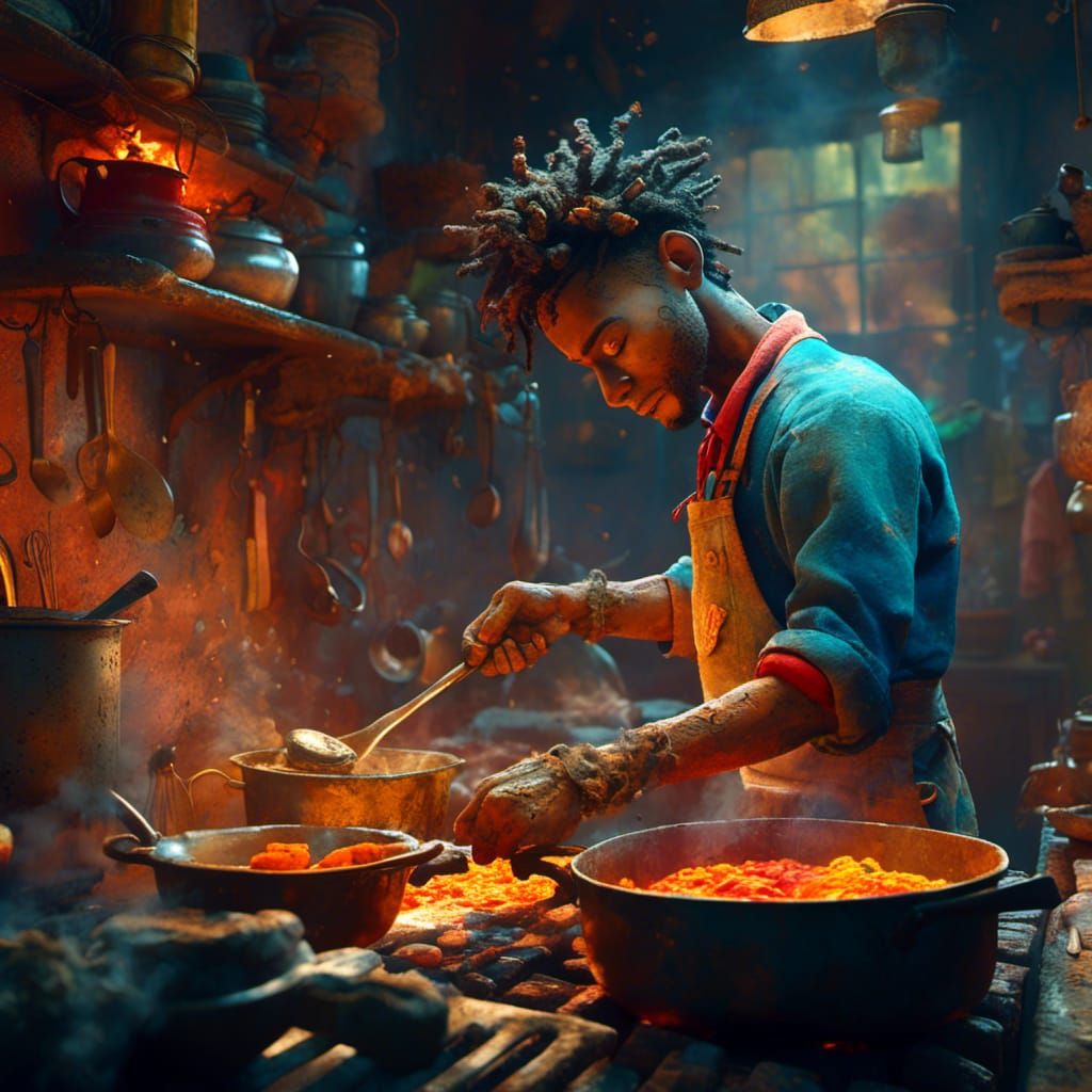 Anime Man Cooking in Cozy Kitchen, 3D Art