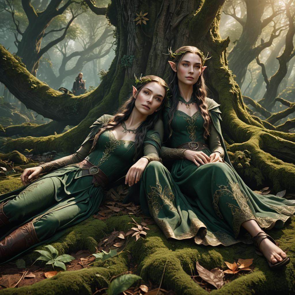 Elvish Twins Relaxing in Majestic Forest