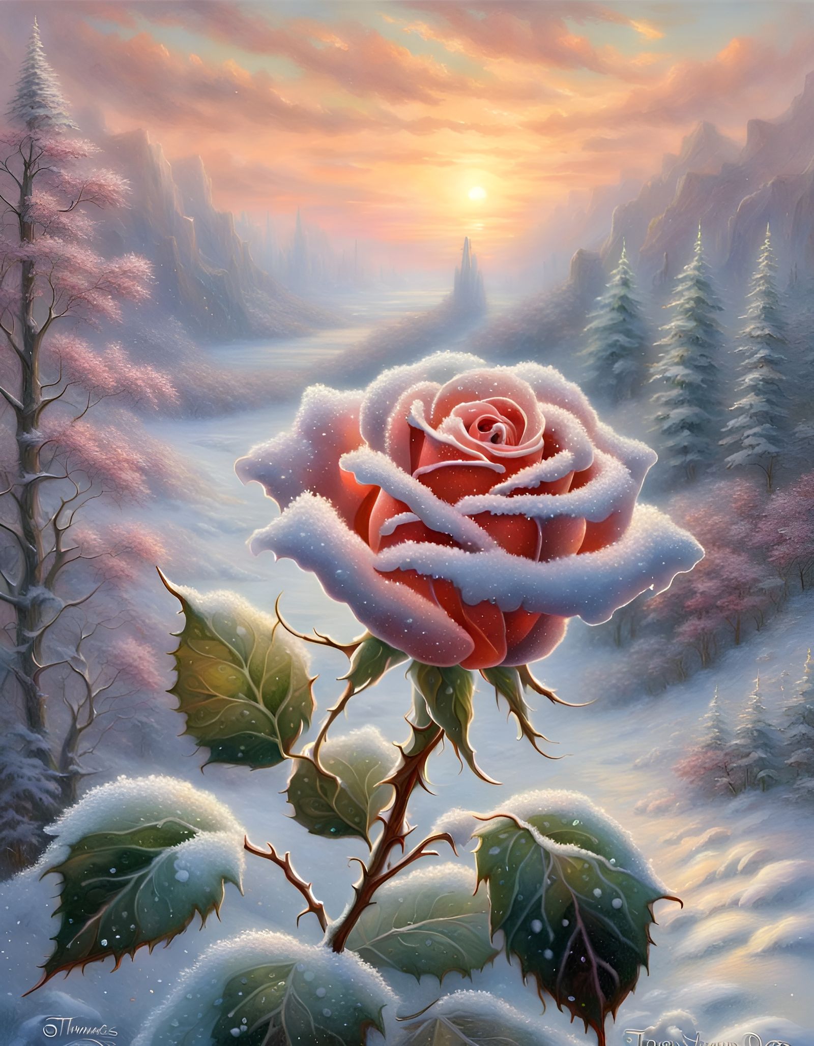 Ice Rose in Snowfall at Sunset
