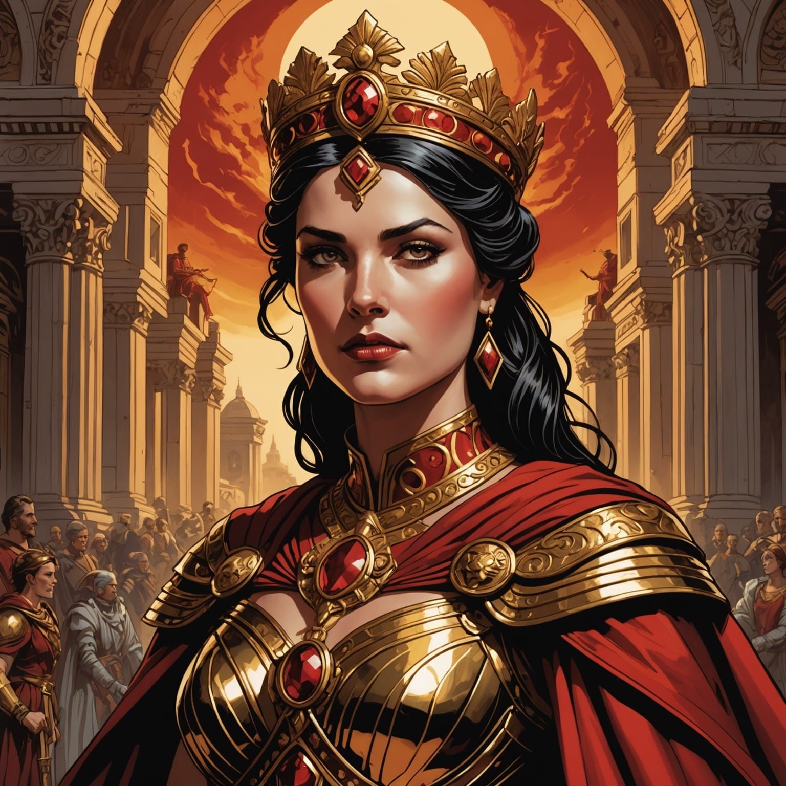 Regal Roman Empress in Red and Gold Comic Art