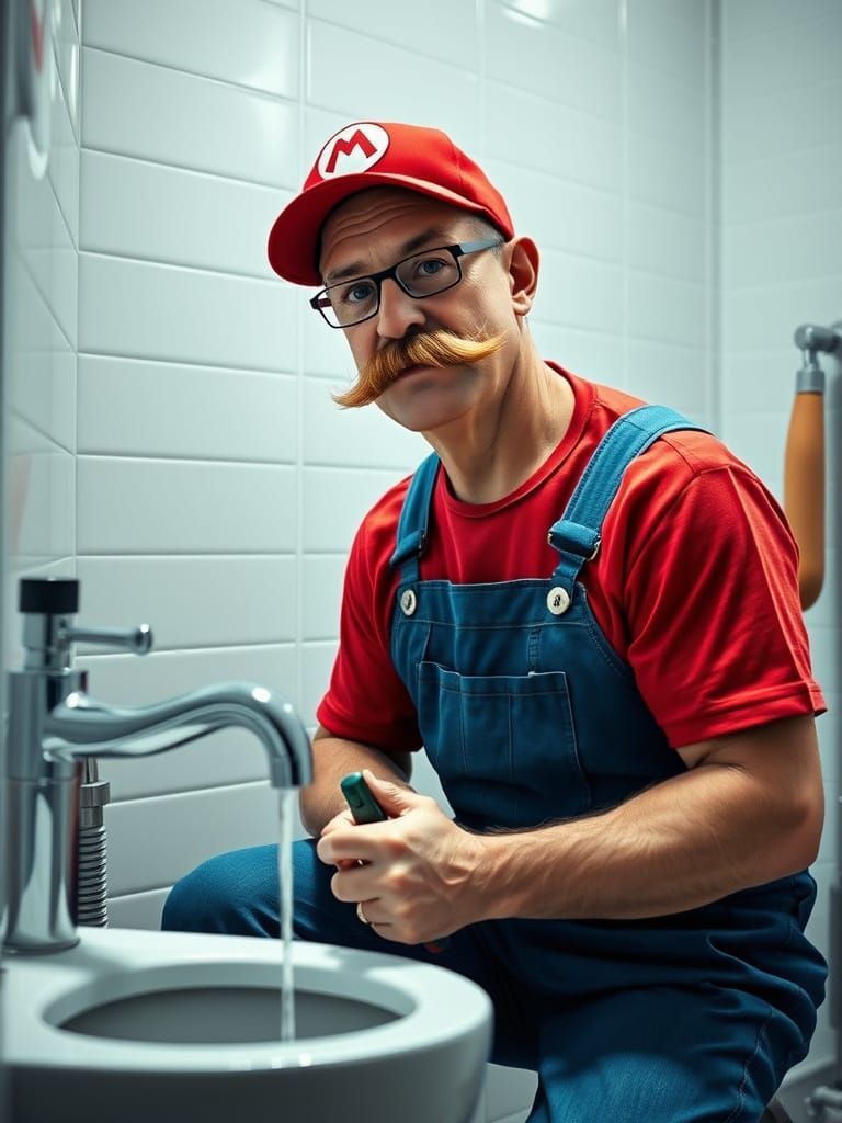 Plumber in Mario Outfit Fixes Toilet in Modern Bathroom