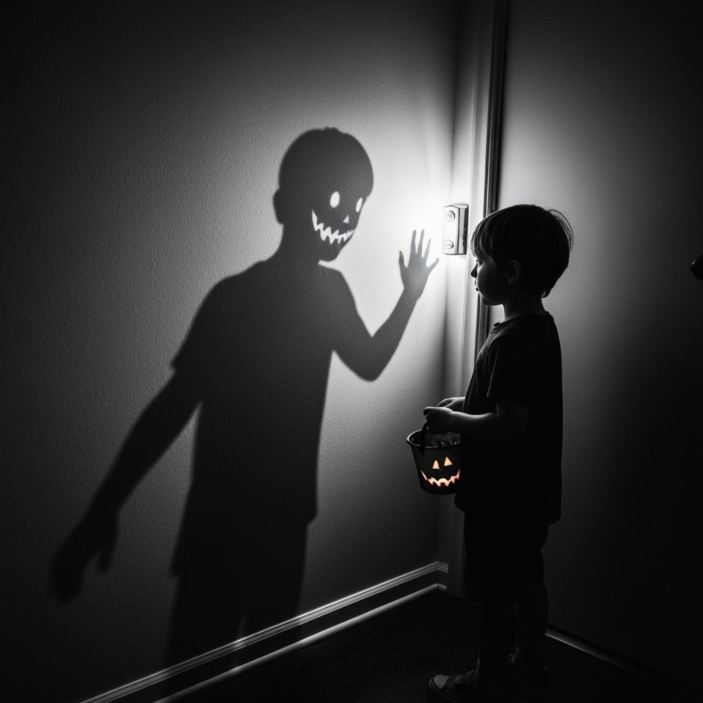 Child's Shadow Becomes Monster Reaching for Glowing Doorbell