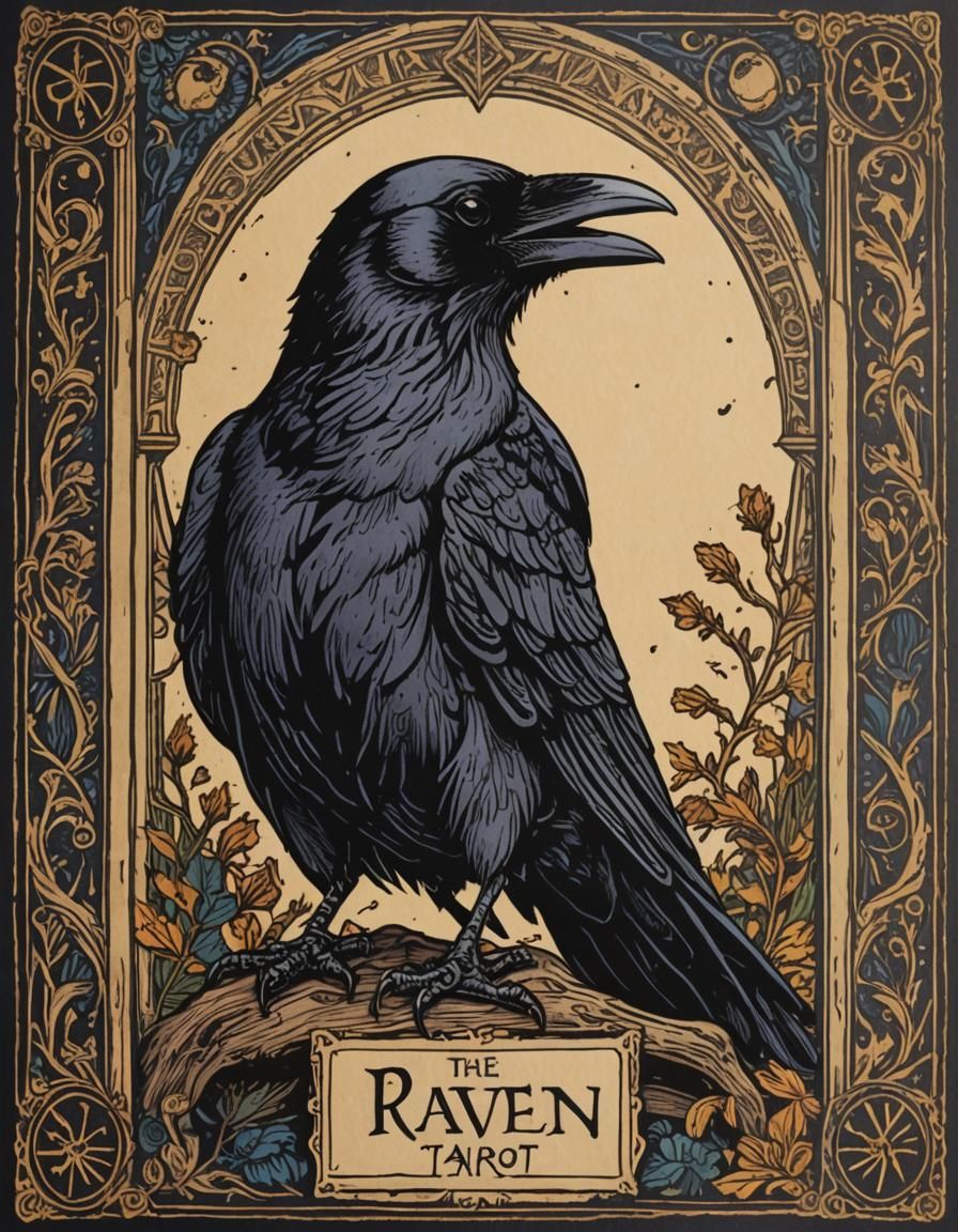 The Raven Tarot Card in Renaissance Woodcut Style