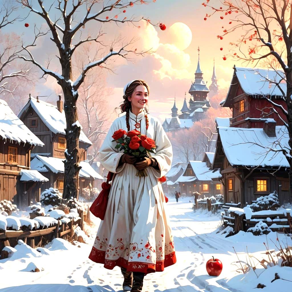 Snowy Village Girl with Red Rose Design, Detailed Matte Pain...