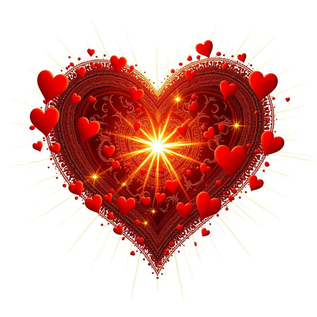 Majestic Fractal Heart Pattern with Gold Sparks and Sunlight