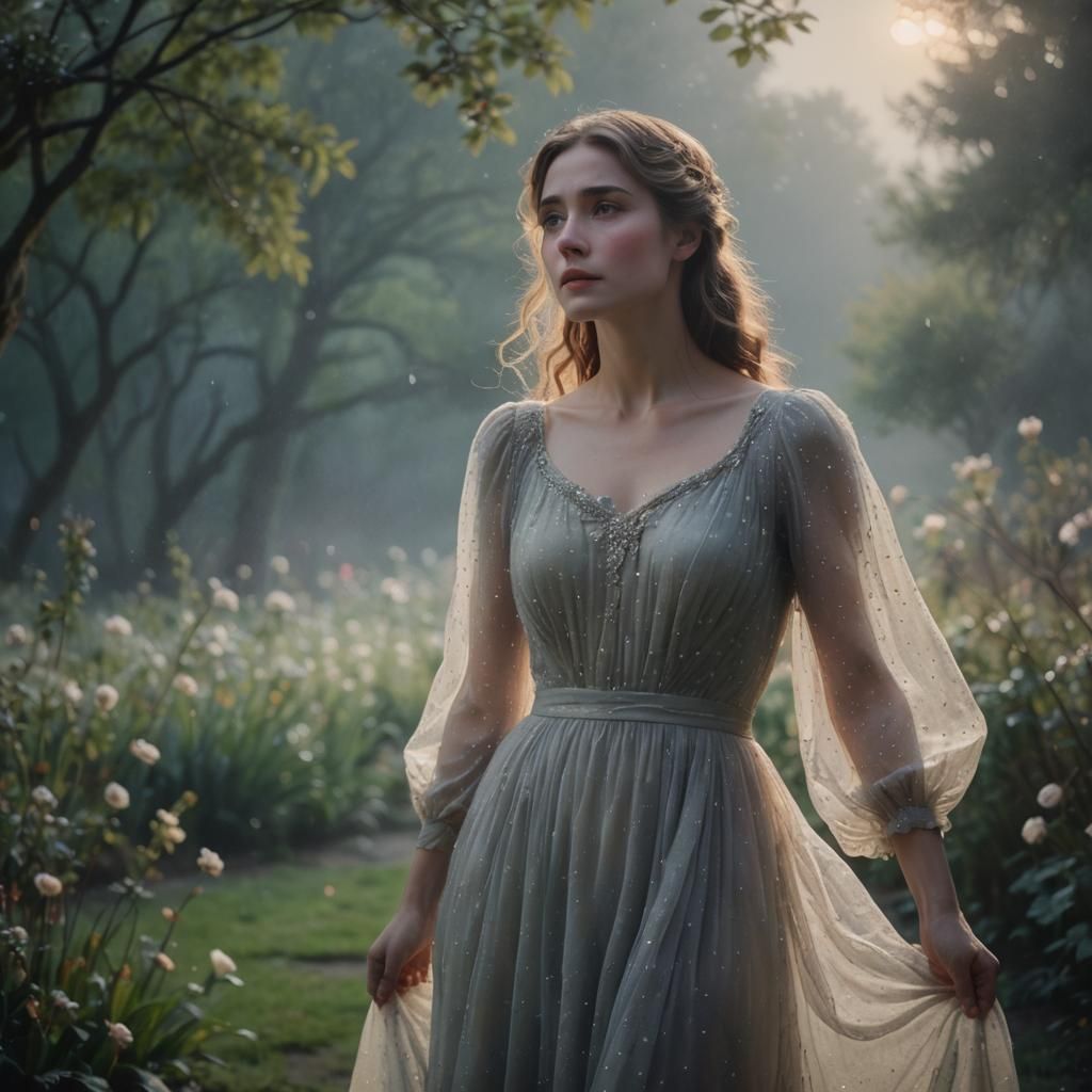 Ethereal Woman in Moonlit Garden, Impressionistic Style