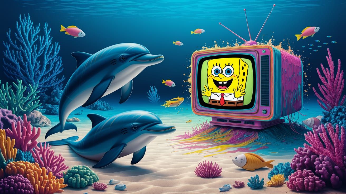 Neon Seapunk Dolphins Gaze at Submerged TV Showing SpongeBob