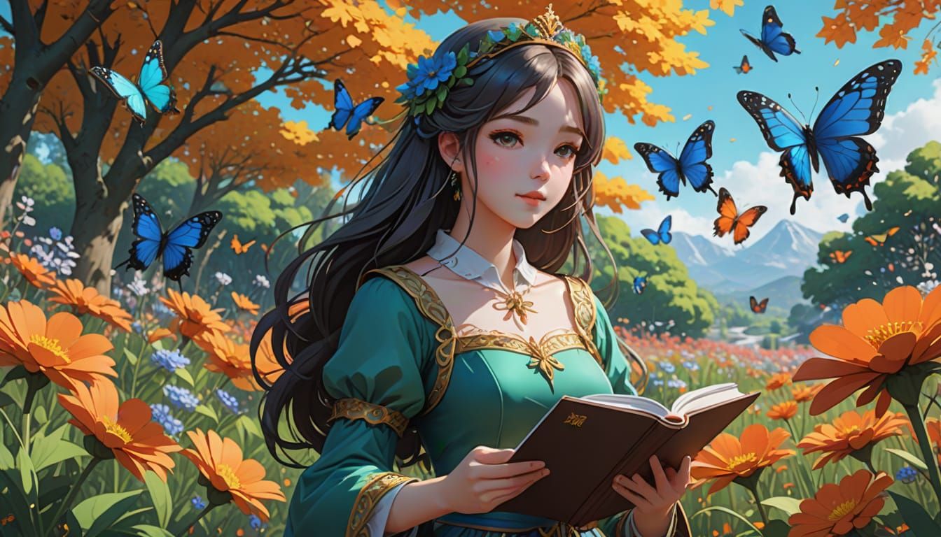 Anime Princess in Nature with Flowers and Butterfly, 3D Art ...