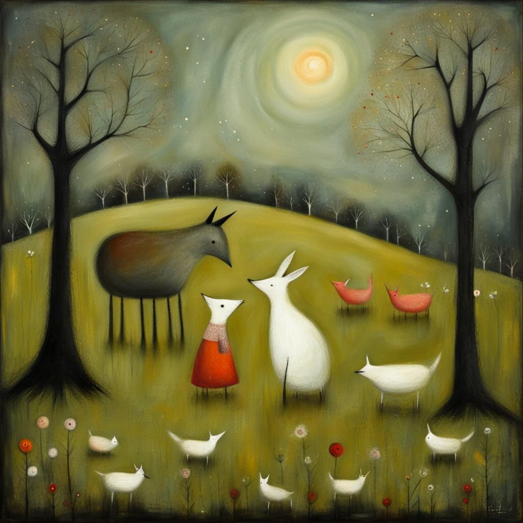 Whimsical Bucolic Scene in Storybook Style