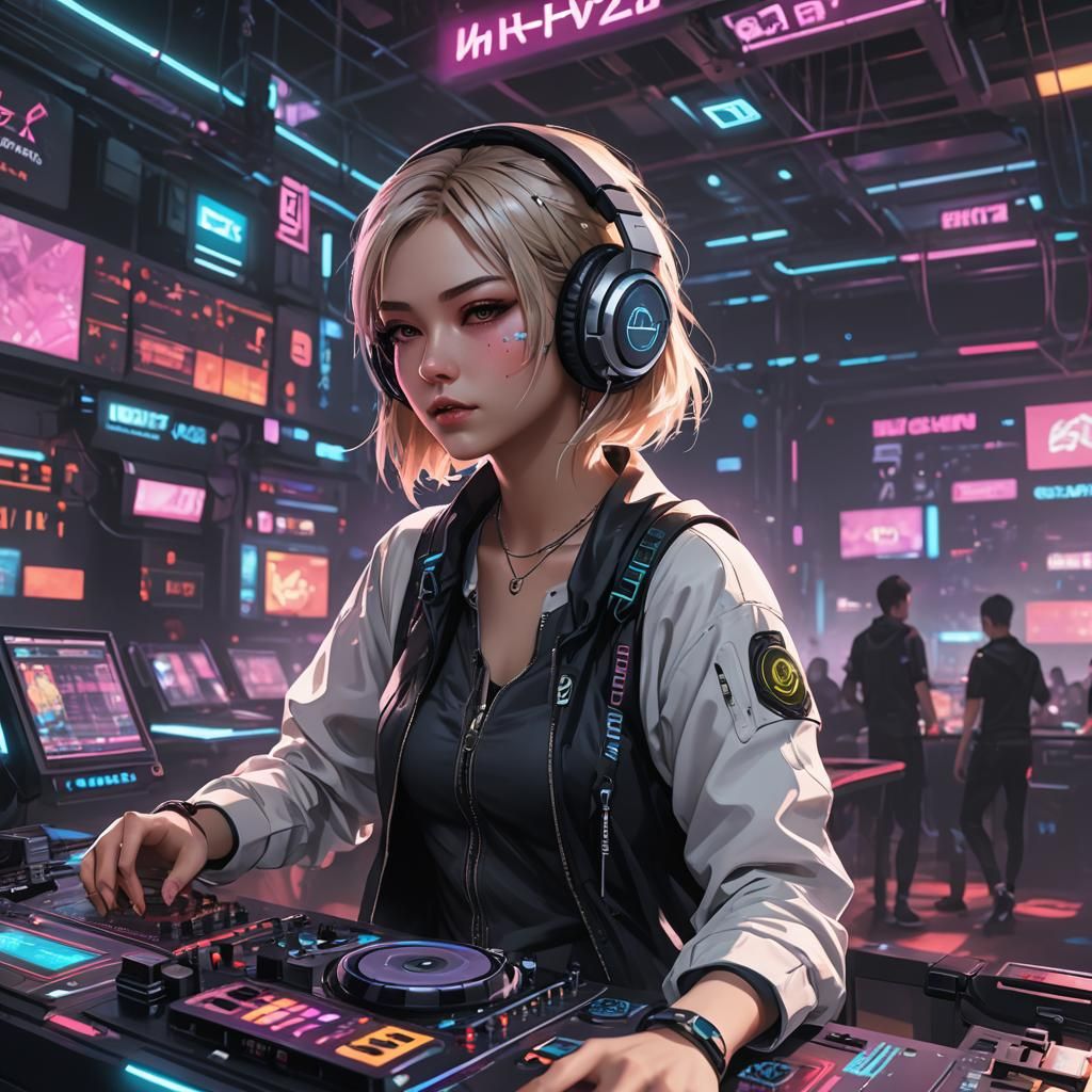 Cyberpunk DJ Girl in Nightclub, Anime Style