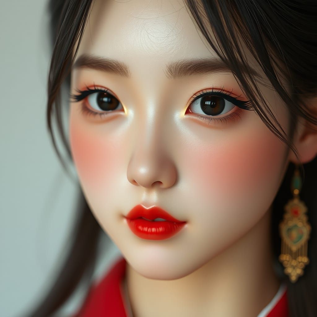 Serene Japanese Woman with Red Lipstick in Anime Style