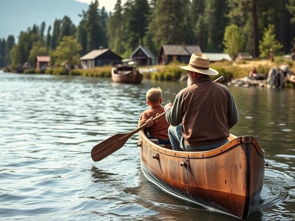 Father and Son Paddle Downriver to Fort Town