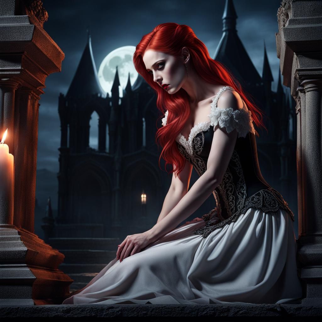 Sad Vampire Mourns in Gothic Ruins