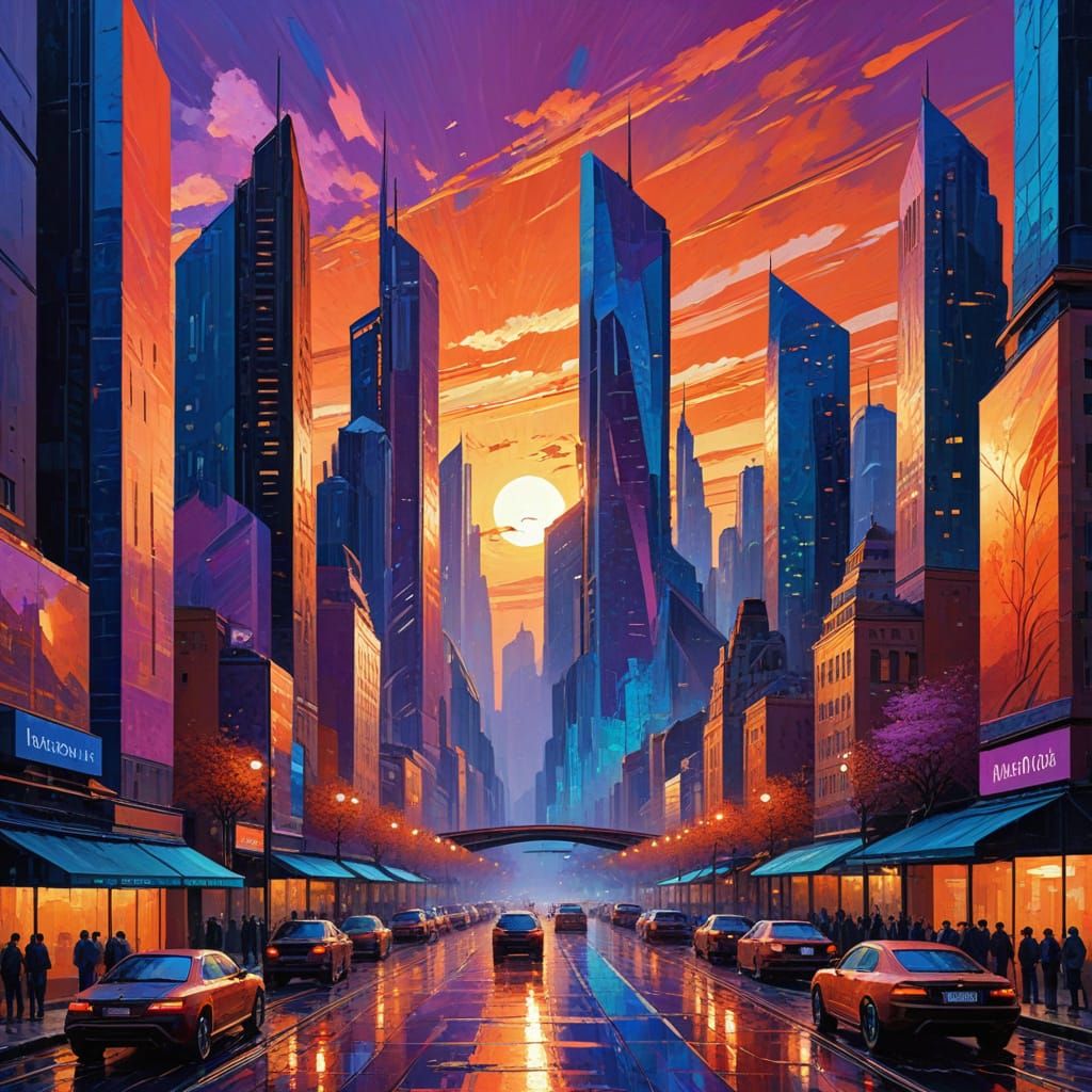 Futuristic Cityscape Sunset in Expressionist Impasto Style