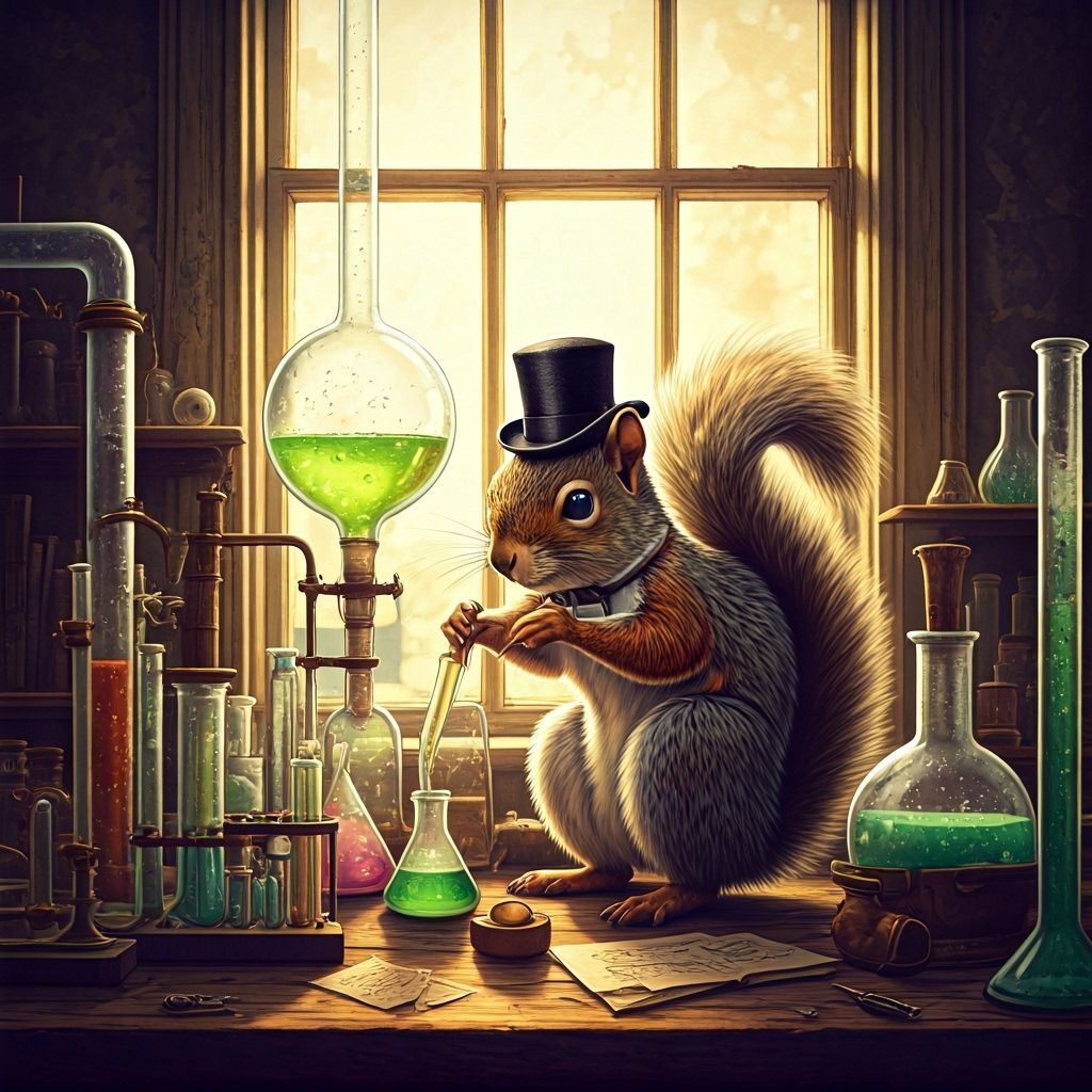 A photorealistic scene of a fluffy squirrel wearing a tiny monocle and top hat, conducting a scientific experiment in a ...