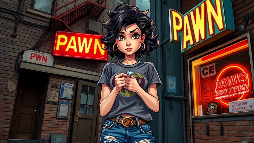 Desperate Woman Pawns Diamond Ring in Gritty Urban Landscape