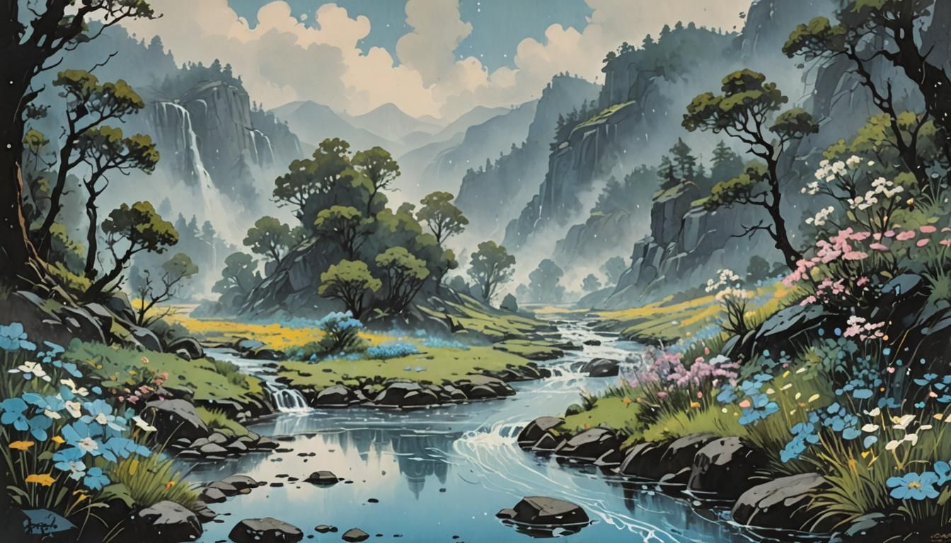 Mist-Shrouded Valley Stream: Gouache Painting