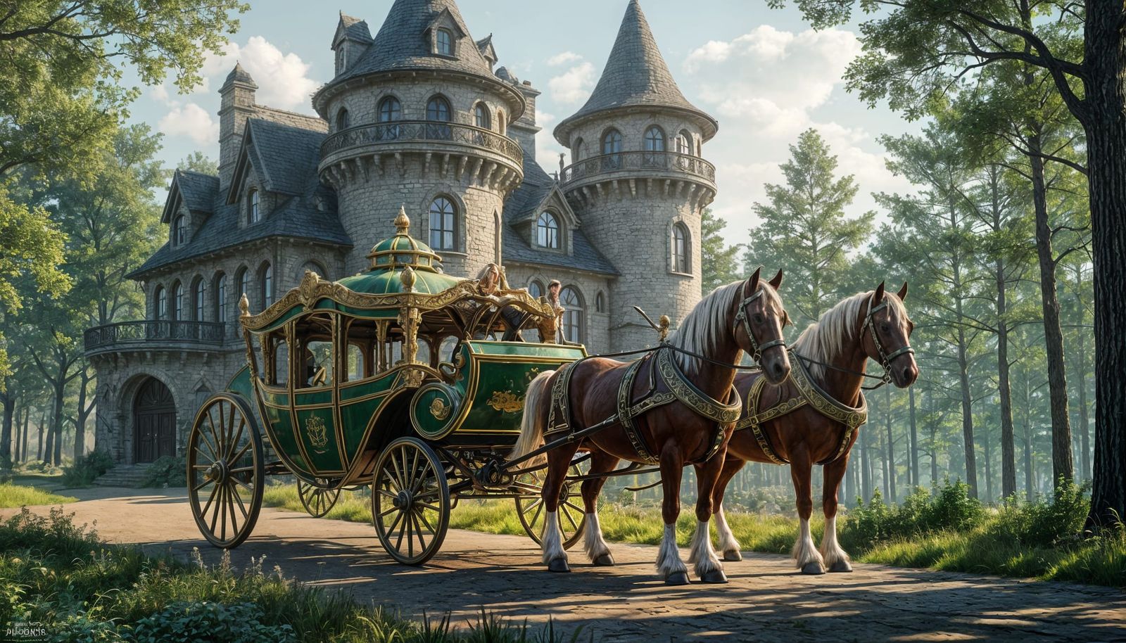 Antique Green and Gold Carriage Pulled by Stallions