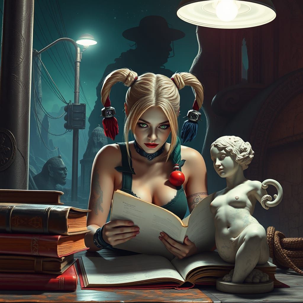 Futuristic Harley Quinn Studies Under Street Light
