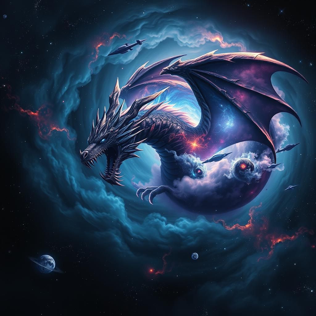 Space Dragon in Cosmic Nebula of Dark Beauty