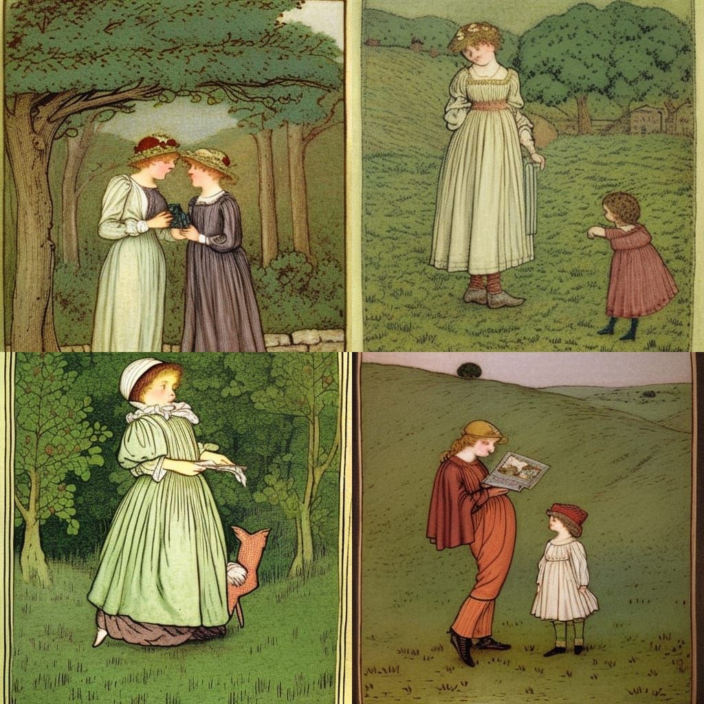 Children Playing in Garden, Watercolor Illustration Style