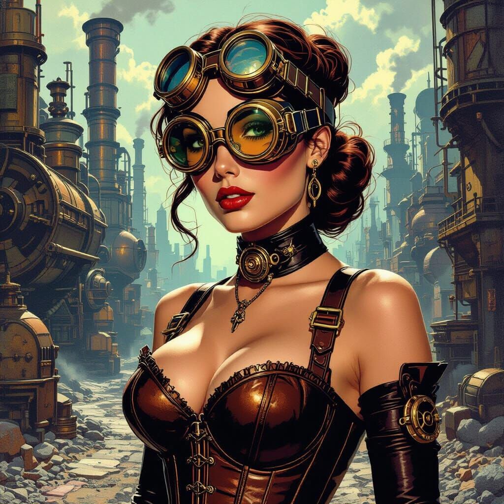 Steampunk Woman in 1970s Pulp Art Style Cityscape