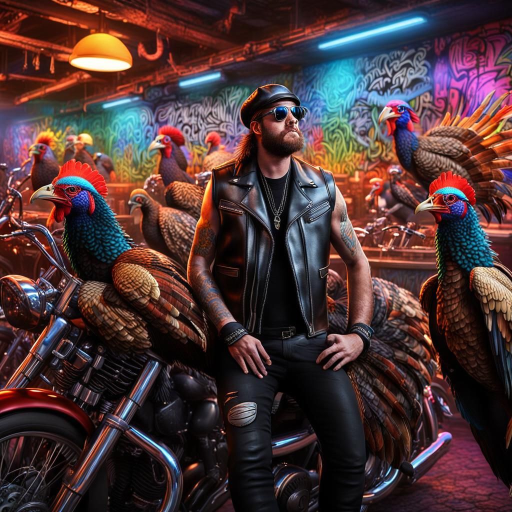 Biker Turkeys in a Fantastical Bar, Digital Matte Painting