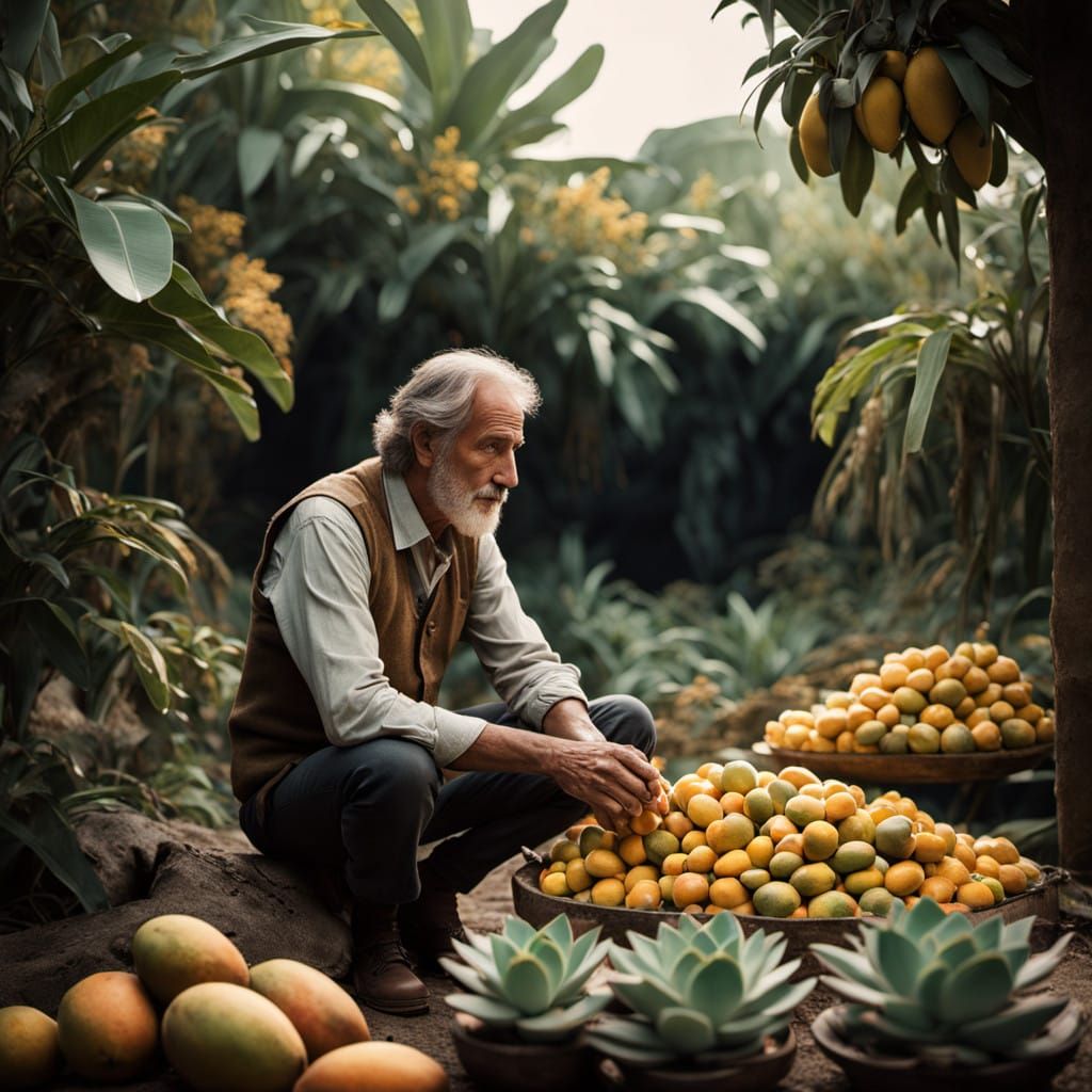 Aged Man Savoring Mango in a Lush Tropical Setting, in Cinem...